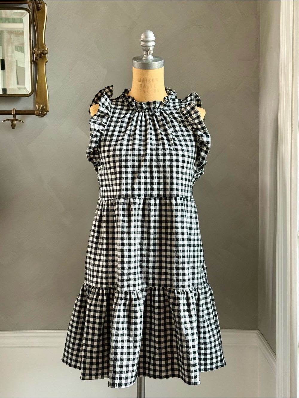 Maeve by Anthropologie Black and White Gingham Ruffle Sleeve Tiered Dress